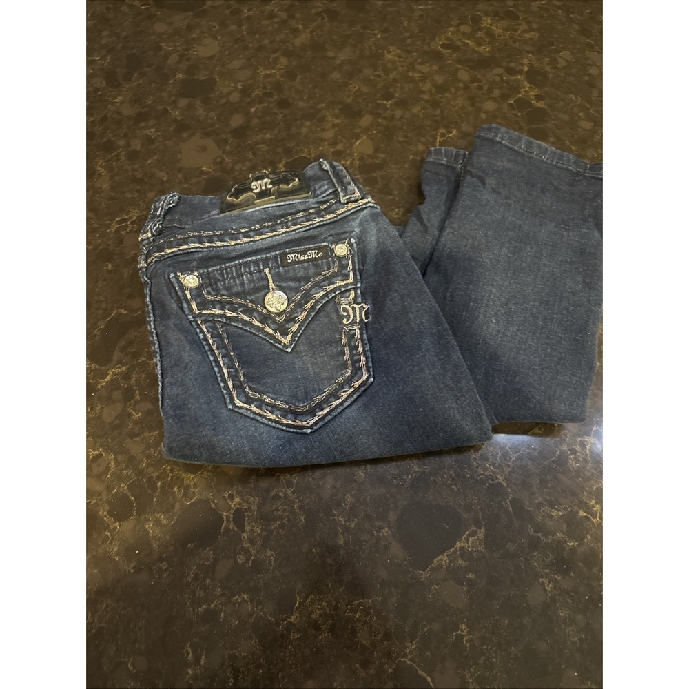 Miss Me Mid Rise Skinny Jeans Dark Wash Thick Stitch Embellished Women 27